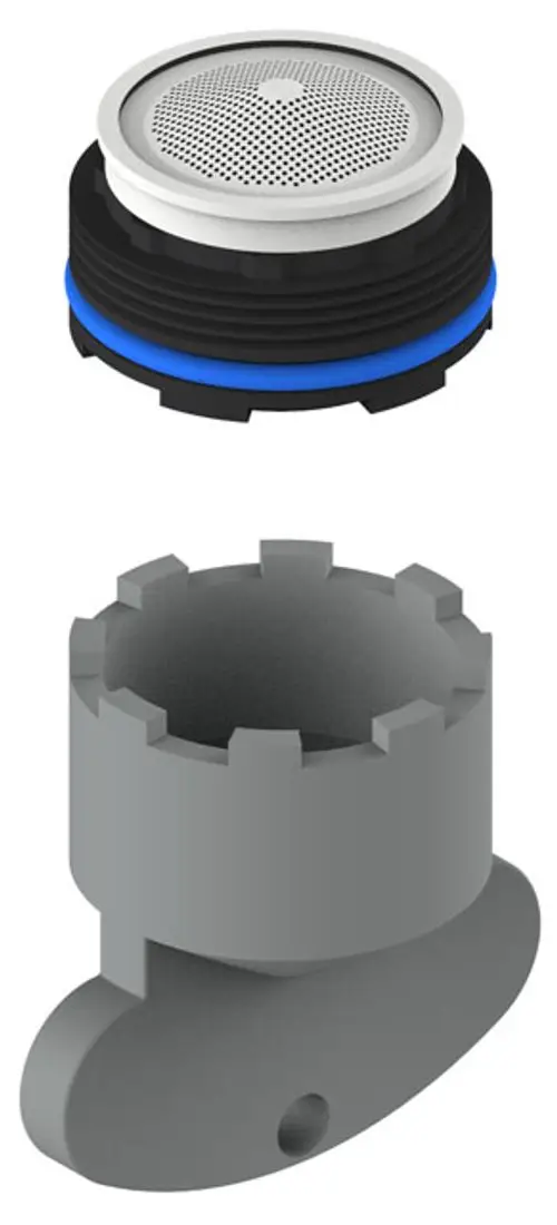 Strahlregler-Kombination mit perforiertem oberen Teil und grauem Gehäuse. Teil des Keuco-Systems zur Regulierung von Wasserströmen.